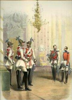 Uniformdarstellung, Reiter, Offizier und Adjutant der Garde du Corps in Gala, Preußen 1843/1845. Aus: Sachse: Das Preussische Heer. Tafel 1.