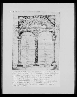 Evangelistar — Kanontafel mit Architekturrahmen und Evangelistensymbolen, Folio 6 verso