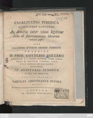 Exercitatio Ivridica Qvaestionem Continens: An donatio inter viuos legitime facta ob superuenientiam liberorum reuocari possit?