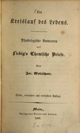 Der Kreislauf des Lebens : physiologische Antworten auf Liebig's Chemische Briefe