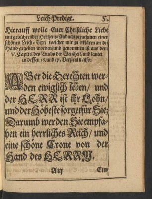[...] Leich-Text/ .../ genommen ist aus dem V. Capitel des Buchs der Weißheit/ und lautet in dessen 16. und 17. Versiculn also: