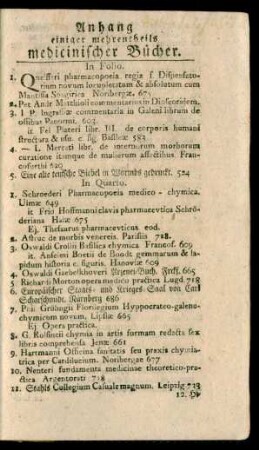 Anhang einiger mehrentheils medicinischer Bücher
