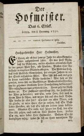 Das 6. Stück. Leipzig, den 8 Hornung. 1751.