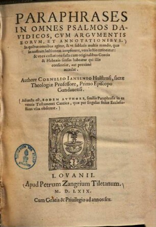 Paraphrases In Omnes Psalmos Davidicos : Cvm Argvmentis Eorvm Et Annotationibvs ...