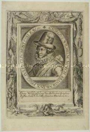 Ovales Brustbildnis des Georg Wilhelm Kurfürst von Brandenburg mit niederländischer Bildunterschrift in breitem Rahmen mit allegorischem Schmuck