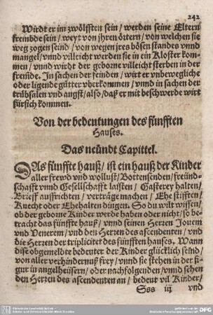 Von der bedeutung des fünfften Hauses. Das neundt Capittel.