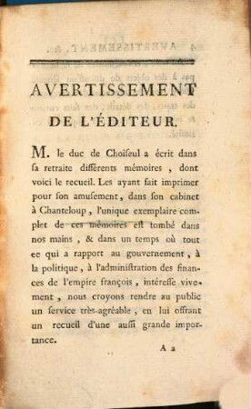 Mémoires De M. Le Duc De Choiseul, Ancien Ministre de la Marine, de la Guerre & des Affaires étrangeres. Tome Premier