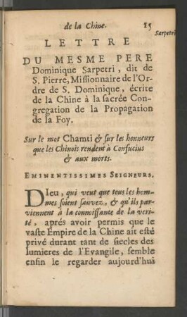 III. Lettre Du Mesme Pere Dominique Sarpetri