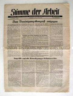 Halbmonatszeitung der Freien Gewerkschaftsbundes Hessen "Stimme der Arbeit" u.a. zum Kündigungsschutzgesetz