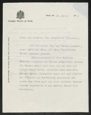Brief von Felix Hollaender von Deutsches Theater  an Margarete Hauptmann
