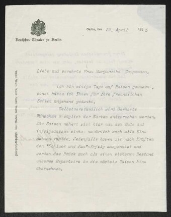Brief von Felix Hollaender von Deutsches Theater <Berlin> an Margarete Hauptmann