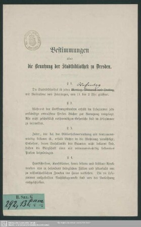 Bestimmungen über die Benutzung der Stadtbibliothek zu Dresden : [Dresden, am 30. August 1881]