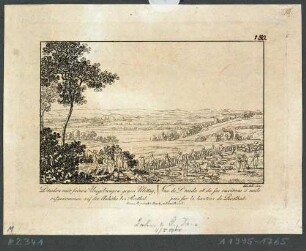 Blick von den Feldern bei Roßthal in das Elbtal auf Dresden im Hintergrund, im Vordergrund Bauern bei der Getreideernte