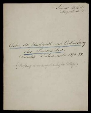 Ueber die Häufigkeit und Vertheilung der Primzahlen. 1stündig. Wintersemester 1893-94. (Anfang eines angekündigten Collegs), Königsberg, 1893 - 1894