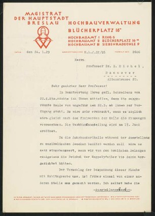 Jahrhunderthalle, Breslau Akustikgutachten: Brief von Konwiarz an Michel (zweiseitiges Schriftstück)