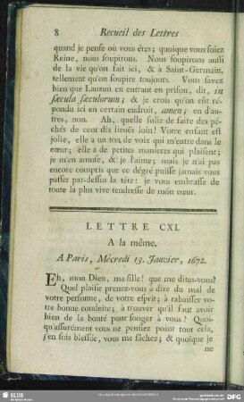 Lettre CXI. A la même. A Paris, Mécredi 13. Janvier, 1672