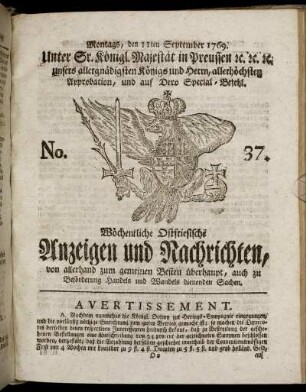 No. 37. Montags, den 11ten September 1769.