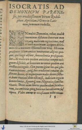 Isocratis Ad Demonicum Parænesis per Rodolphum Agricolam traducta