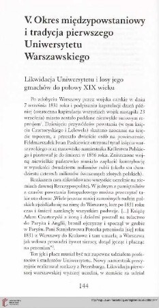 V. Okres międzypowstaniowy i tradycja pierwszego Uniwersytetu Warszawskiego