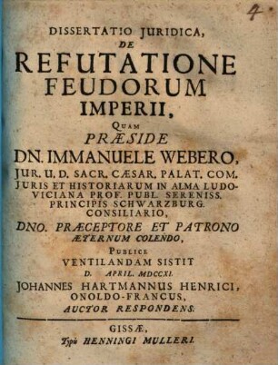 Dissertatio Juridica, De Refutatione Feudorum Imperii