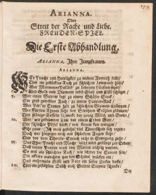 Arianna. Oder Streit der Rache und Liebe. Freuden-Spiel. Die Erste Abhandlung.