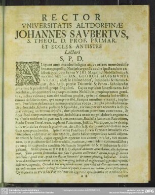 Rector Universitatis Altdorfinae Johannes Saubertus