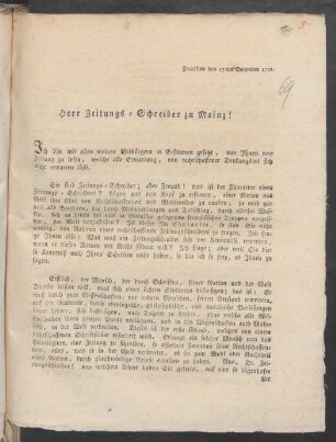 Herr Zeitungs-Schreiber zu Mainz! : Frankfurt den 17ten December 1792