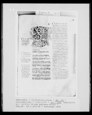 Paulusbriefe, fol. 158: Textseite mit Initiale M zum Hebräerbrief