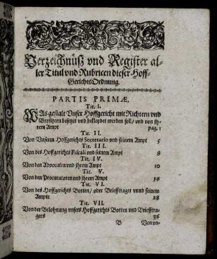 Verzeichnüß und Register aller Titul und Rubricen dieser Hoff-GerichtsOrdnung.