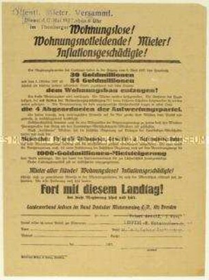 Flugblatt des Bundes Deutscher Mietervereine gegen die Gelderkürzung im Wohnungsbau durch die sächsische Regierung und Aufruf zu einer Versammlung am 17. Mai 1927