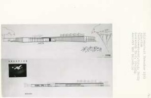 Aquarium, Düsseldorf-Düsseltal (Diplomarbeit bei Peter Poelzig): Ansicht von Südwesten und Perspektivische Ansicht
