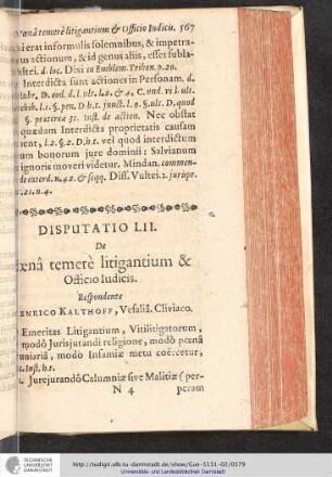 Disputatio LII. De Poena temere litigantium & Officio ludicis