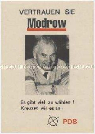 Illustriertes Flugblatt der Partei des Demokratischen Sozialismus (PDS) zur Volkskammerwahl 1990 mit einem Porträt von Hans Modrow