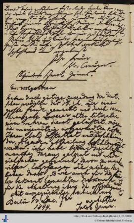 Brief von Jacob Grimm an Franz Karl Grieshaber (13.12.1844)