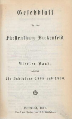 4.1865/66: Gesetzblatt für das Fürstenthum Birkenfeld
