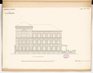 Knabenschule, Eilenburg Monatskonkurrenz Juni 1881: Aufriss Straßenansicht Dorotheenstraße; Maßstabsleiste