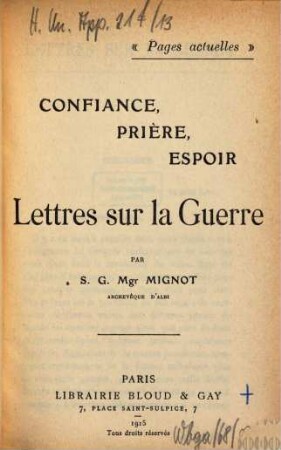 Confiance, prière, espoir : lettres sur la guerre