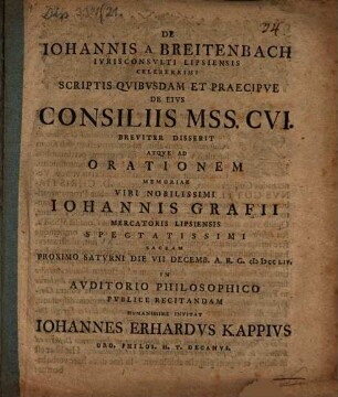 De Johannis a Breitenbach ICti Lipsiensis scriptis quibusdam et praecipue de eius consiliis mss. CVI