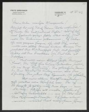 Brief von Fritz Brehmer an Margarete Hauptmann