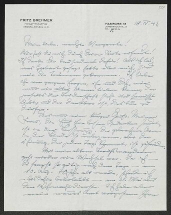 Brief von Fritz Brehmer an Margarete Hauptmann