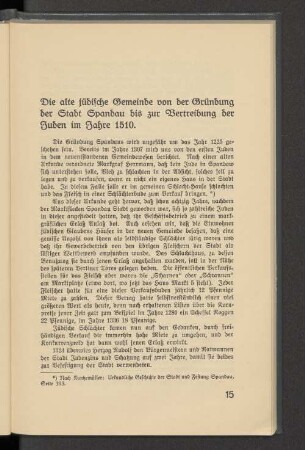 Die alte jüdische Gemeinde von der Gründung der Stadt Spandau bis zur Vertreibung der Juden im Jahre 1510.