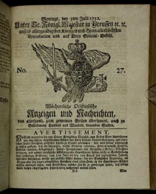 No. 27. Montags, den 3ten Julii 1752.