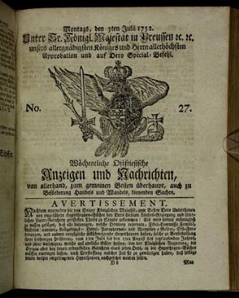 No. 27. Montags, den 3ten Julii 1752.