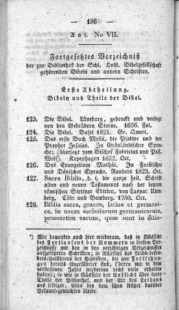 Anl. No. VII. Fortgesetztes Verzeichniß der zur Bibliothek der Schl. Holst. Bibelgesellschaft gehörenden Bibeln und andern Schriften.