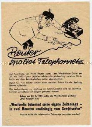 Flugblatt für Wiedervereinigung der Berliner Telefonnetze und Verbesserung der Beziehungen zwischen Berlin und DDR