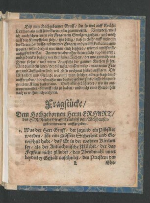 Fragstücke/ Dem Hochgebornen Herrn Erhart ...