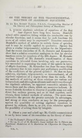 On the theory of the transcendental solution of algebraic equations.