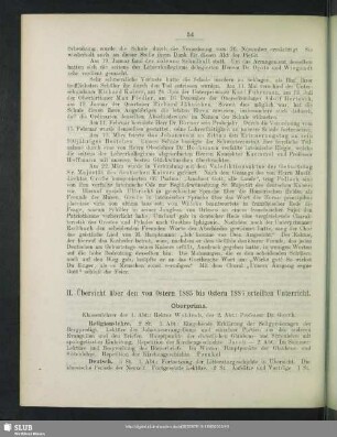 II. Übersicht über den von Ostern 1885 bis Ostern 1886 erteilten Unterricht