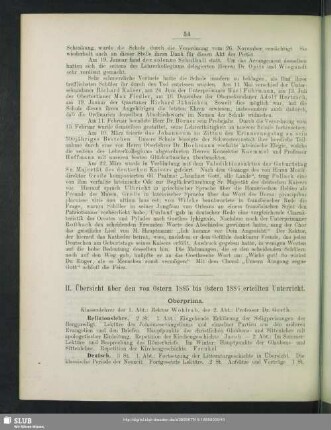 II. Übersicht über den von Ostern 1885 bis Ostern 1886 erteilten Unterricht