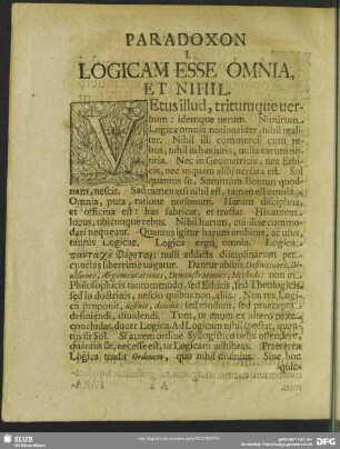 Paradoxon I. Logicam Esse Omnia, Et Nihil